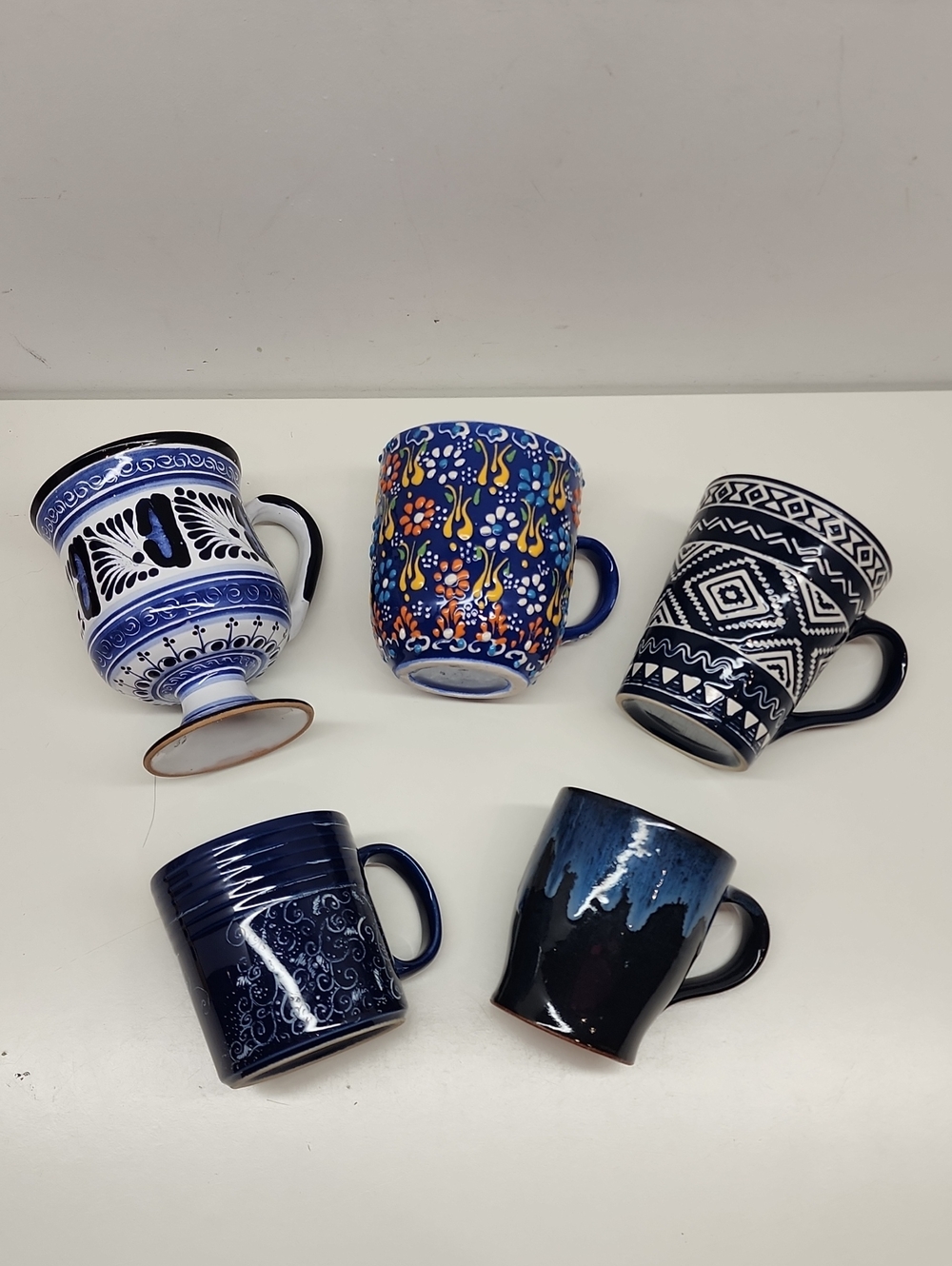 Assorted Blue Patterned Ceramic Mugs - Set of 5